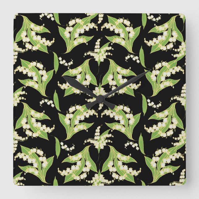 Square Wall Clock: Lilies of the Valley on Black Square Wall Clock (Front)