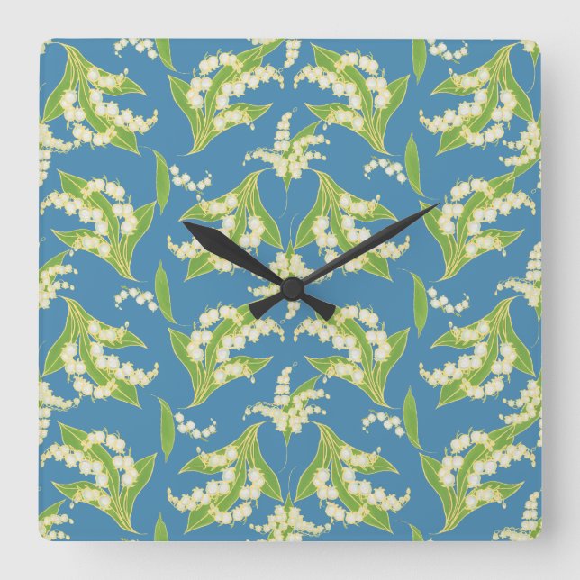 Square Wall Clock: Lilies of the Valley on Blue Square Wall Clock (Front)