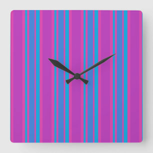 Square Wall Clock: Magenta, Purple, Blue Stripes Clock