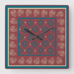 Square Wall Clock, Maroon, Blue Floral Square Wall Clock