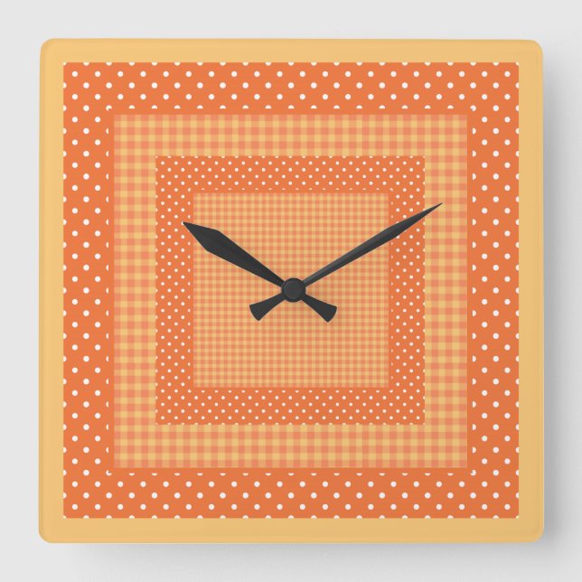 Square Wall Clock, Orange Checks and Polka Dots Clock (Front)