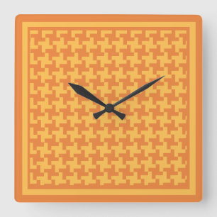 Square Wall Clock, Orange Dogstooth Check Square Wall Clock