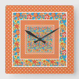 Square Wall Clock, Orange Floral and Polka Dots Clock