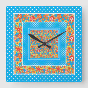Square Wall Clock, Orange Floral, Blue Polka Dots Clock