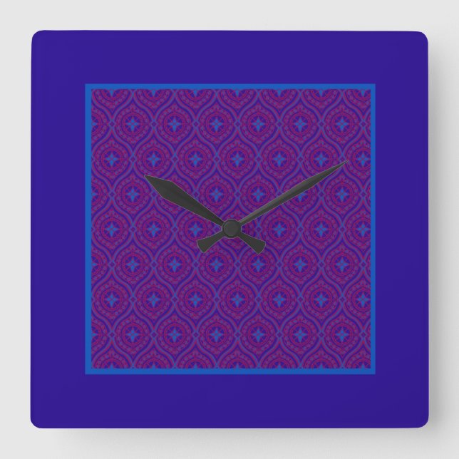 Square Wall Clock, Purple and Blue Ogee Pattern Square Wall Clock (Front)