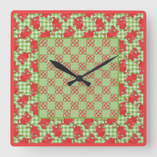 Square Wall Clock: Red Dragons on Green Gingham Square Wall Clock