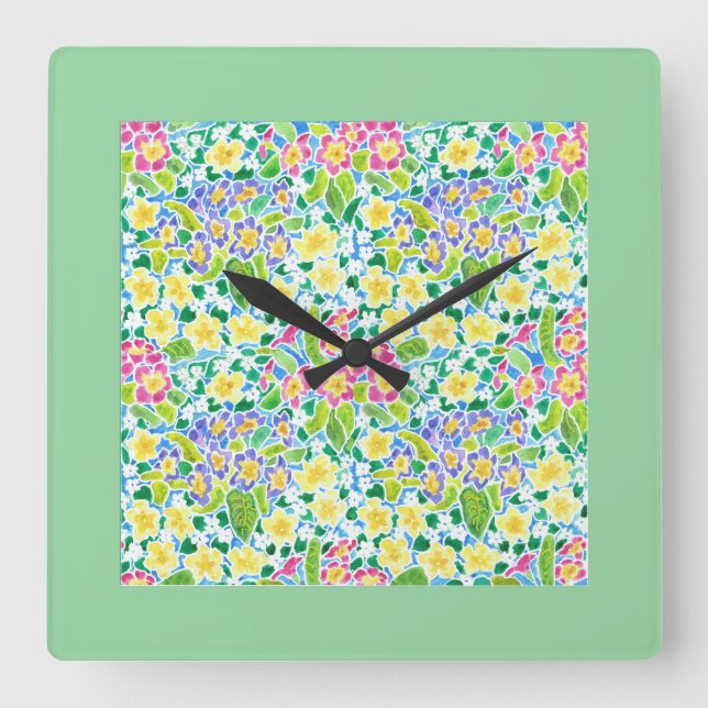 Square Wall Clock, Spring Primroses, Mint Green Square Wall Clock (Front)