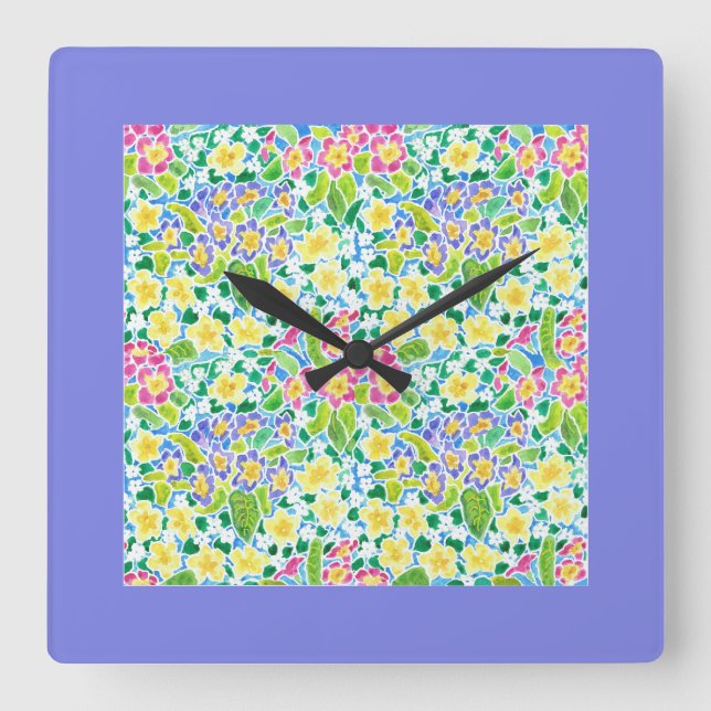 Square Wall Clock, Spring Primroses, Powder Blue Square Wall Clock (Front)