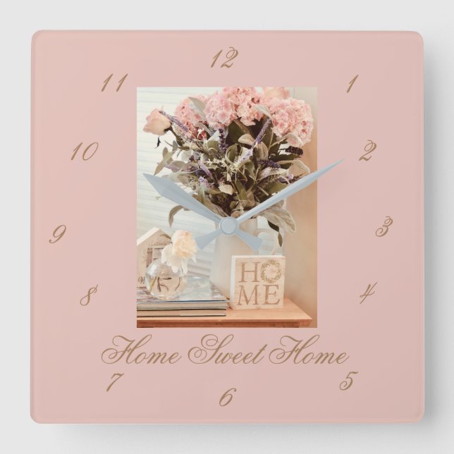 Square Wall Clock w/Numbers Home Sweet Home (Front)