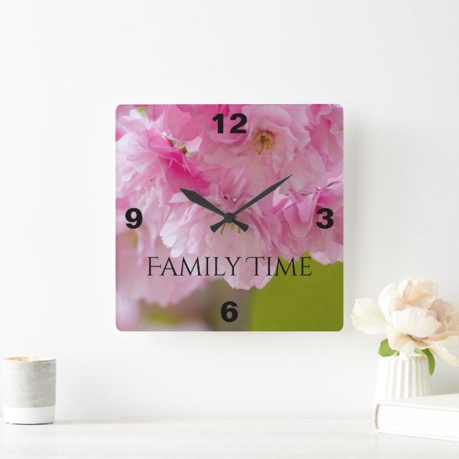 Square Wall Clock With Beautiful Pink Flowers (Home)