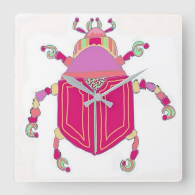 Square Wall Clock with Colourful Beetle Art (Front)