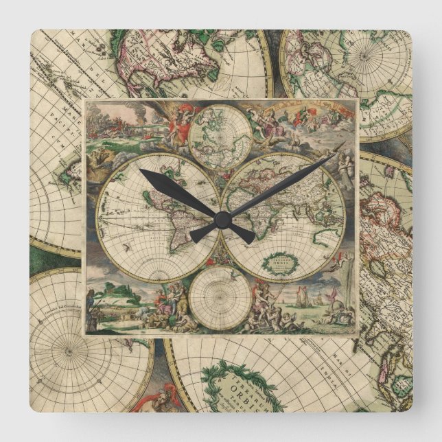 Square Wall Clock/World Map Clock (Front)