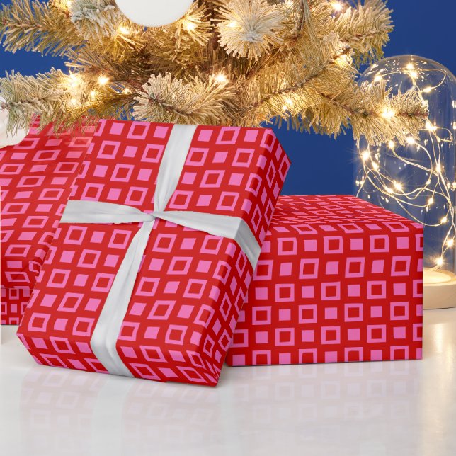 Squares and Boxes Pattern DIY Colours Red Hot Pink Wrapping Paper (Holidays)