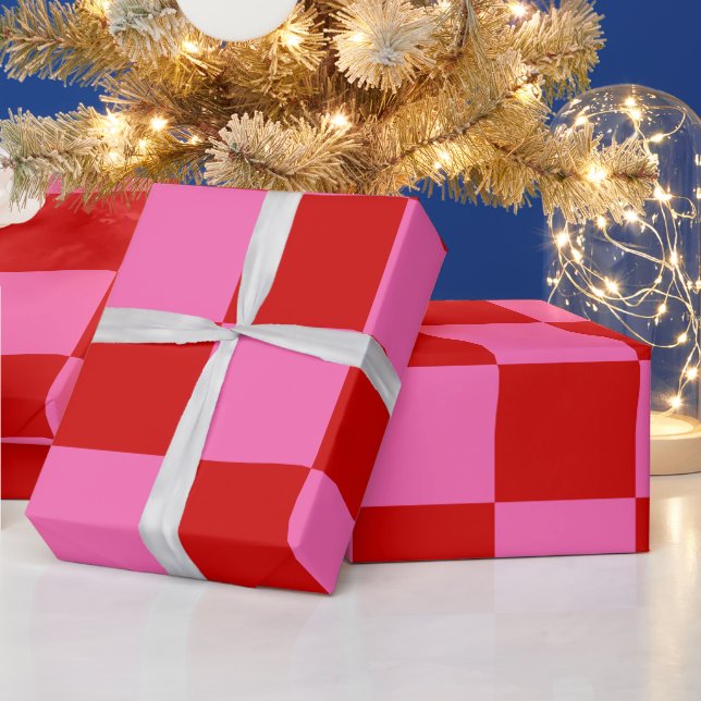 Squares Check Chequered DIY Colours Red Hot Pink Wrapping Paper (Holidays)