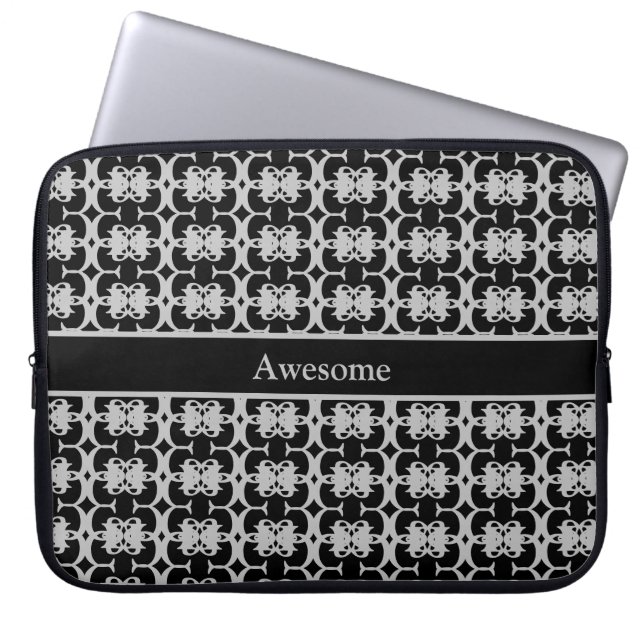 Squares & Diamond Pattern in Black & Silver Grey Laptop Sleeve (Front)