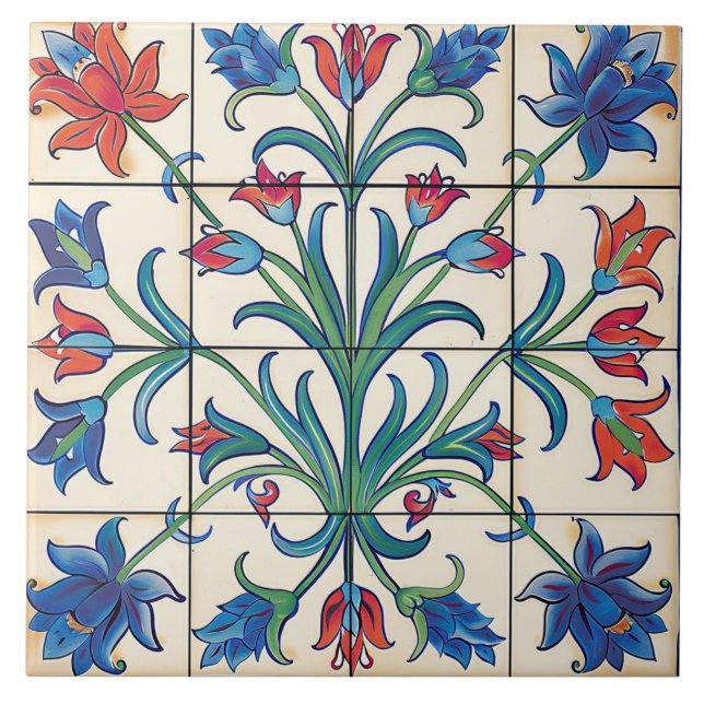 Squares Floral Blue And Orange Flowers  Tile (Front)
