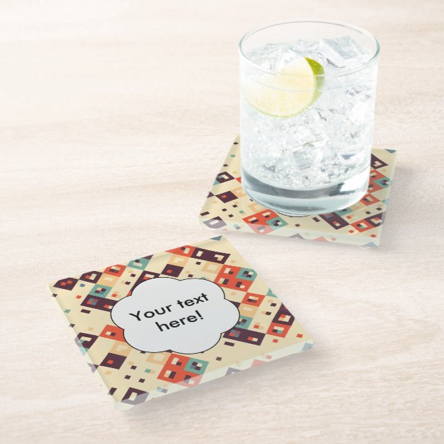 Squares in retro colours abstract design glass coaster (Angled)