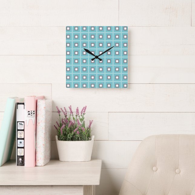 Squares In Squares - Dusty Blue White Square Wall Clock (Reading Room)