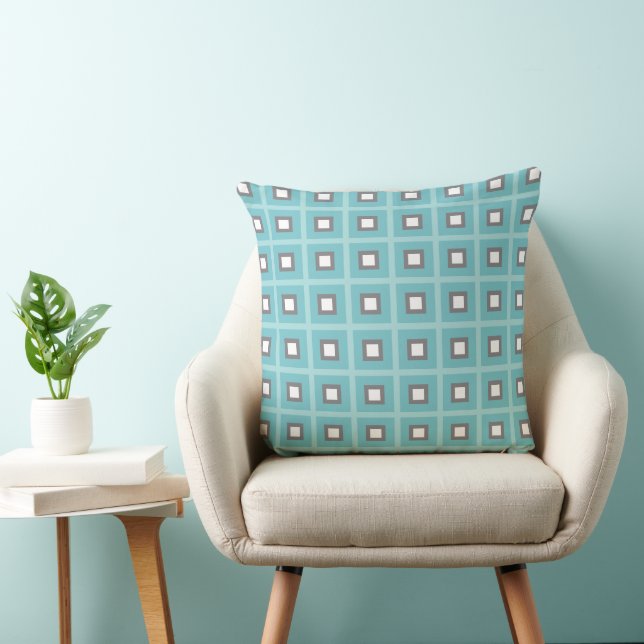 Squares In Squares - Dusty Blue White Throw Pillow (Chair)