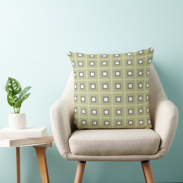 Squares In Squares - Olive Grey White Throw Pillow (Chair)