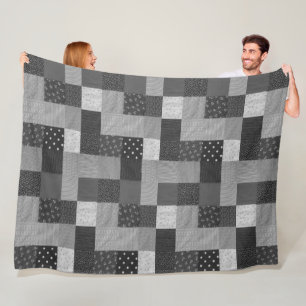 squares of black and white vintage patchwork fleece blanket