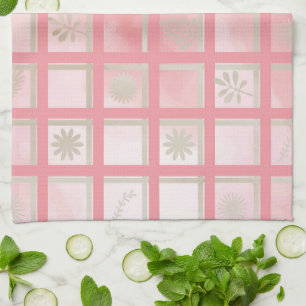 Squares Pink Floral Pattern Kitchen Towel