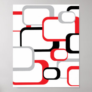 Squares Retro Pattern Black Gray Red White Poster