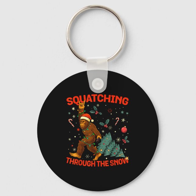 Squatching Through The Snow Funny Bigfoot Rock On  Keychain (Front)