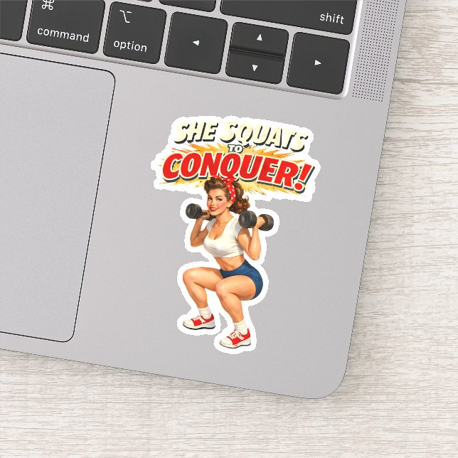 Squats To Conquer -Funny Retro Fitness Pin-Up- Gym (Detail)
