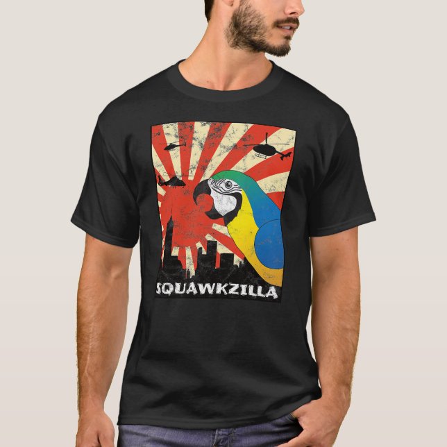 Squawk Zilla Blue and Gold Macaw Parrot Squawking  T-Shirt (Front)