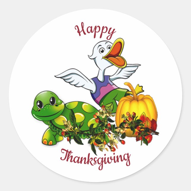 Squawking Duck Shy Turtle Pumpkin Thanksgiving Classic Round Sticker (Front)