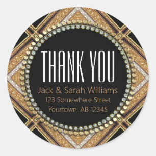 Squaza-D Art Deco Gold Black Thank You Round Classic Round Sticker