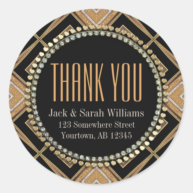 Squaza Love Art Deco Gold Black Thank You Round Classic Round Sticker (Front)
