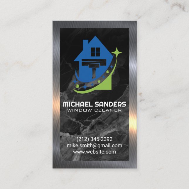 Squeegee Logo | Cleaning Services | Marble Metal Business Card (Front)