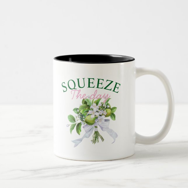 Squeeze The Day Coffee Mug: Funny Lemon Quote Two-Tone Coffee Mug (Right)