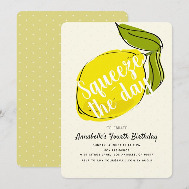 Squeeze the Day Lemon CItrus Yellow Birthday Invitation (Front/Back)