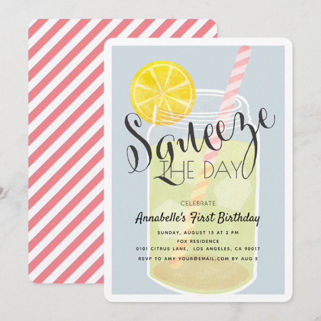 Squeeze the Day Lemonade Jar 1st Birthday Invitation (Front/Back)