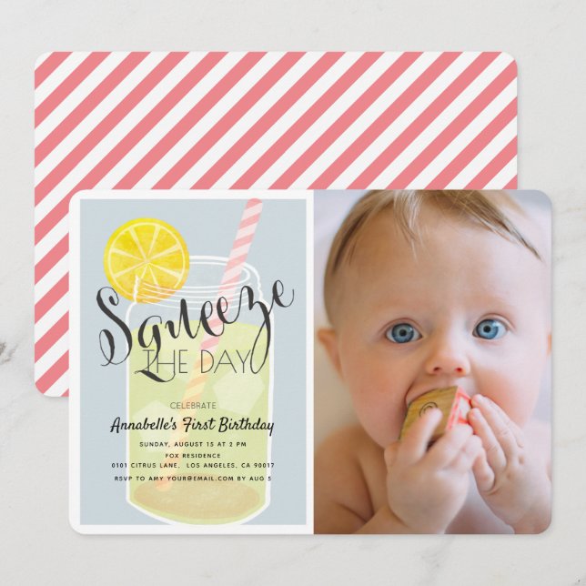 Squeeze the Day Lemonade Jar 1st Birthday Photo Invitation (Front/Back)