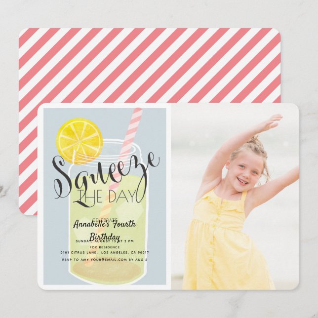 Squeeze the Day Lemonade Jar Birthday Photo Invitation (Front/Back)