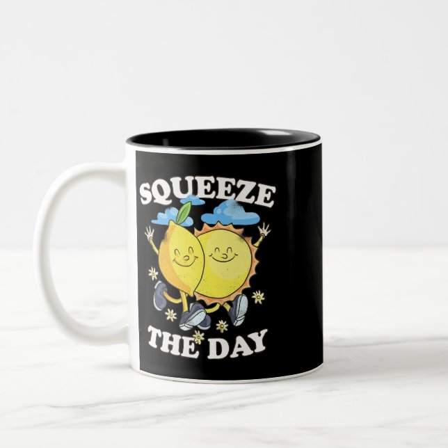 Squeeze the Day Retro Pun Groovy Seize the Day Fun Two-Tone Coffee Mug (Left)