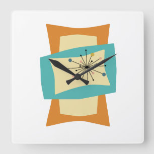 Squeezed Rectangles Orange Turquoise Cream Mid Mod Square Wall Clock
