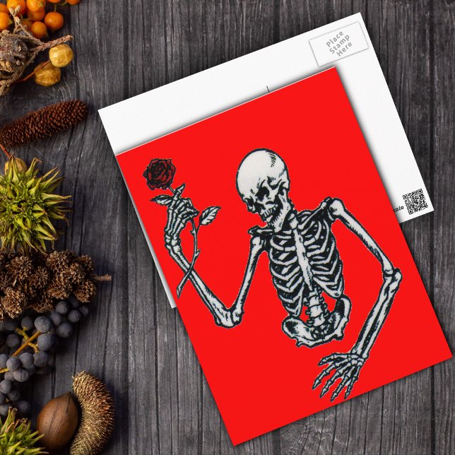 Squelette Avec Carte Postale Rose (Creepy skeleton holding single red rose on vibrant red postcard for Halloween or Valentine's Day.)