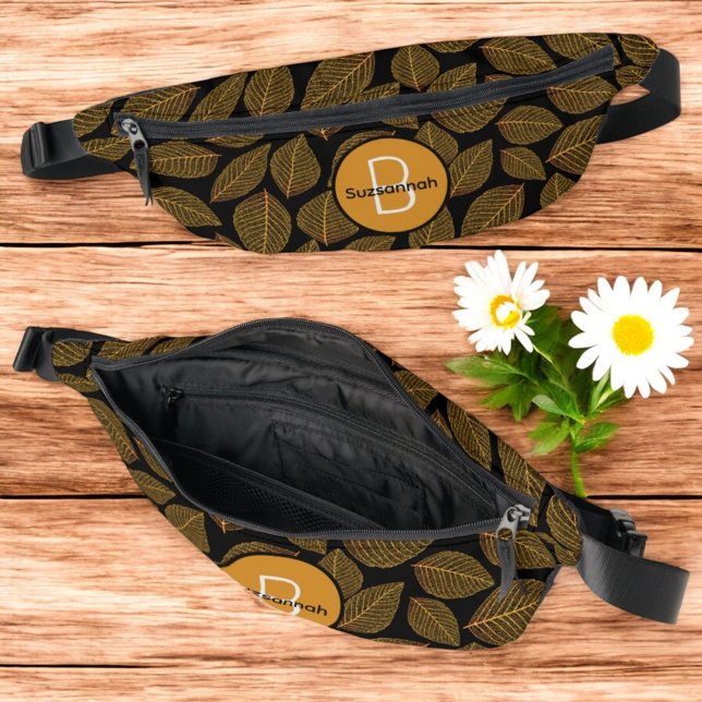 Squelette feuille Motif avec Monogramme initial (front, top and inside fanny pack template)