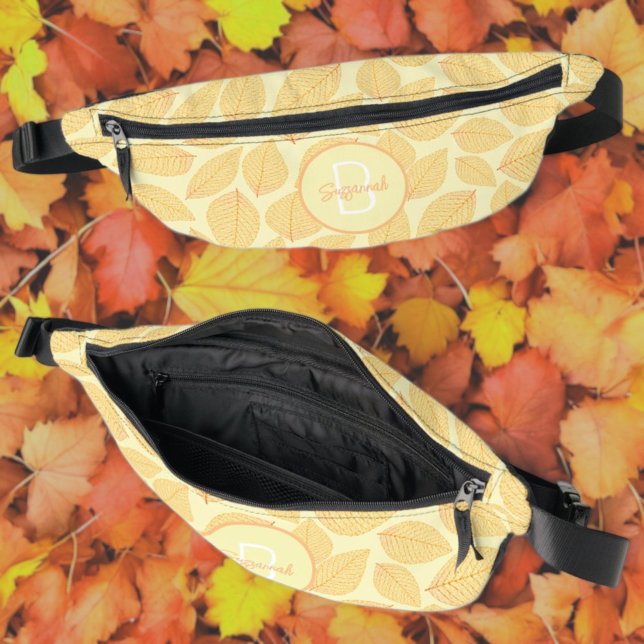 Squelette feuille Motif avec Monogramme initial (fanny pack front, top and inside with template monogram and name)