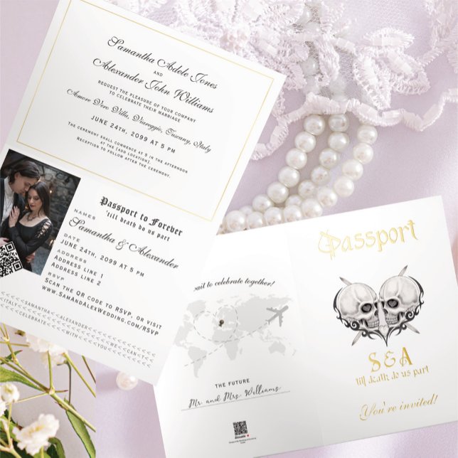 Squelette gothique Faire-part de mariage de passep (Luxury Gothic Skeleton Passport Wedding Invitation with RSVP QR Code and Wedding Website Address)