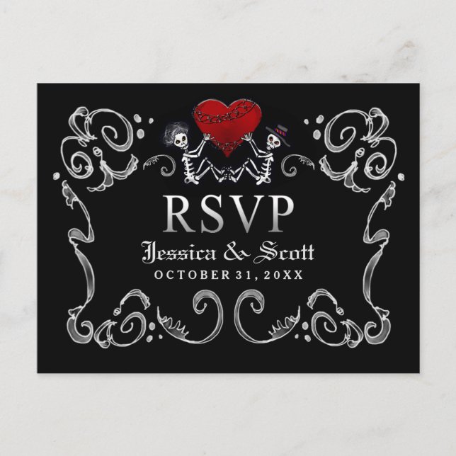 Squelettes d'Halloween noir blanc Mariage MENU RSV (Devant)