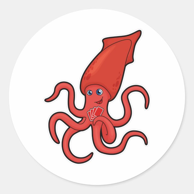 Squid at Poker with Poker cards Classic Round Sticker (Front)