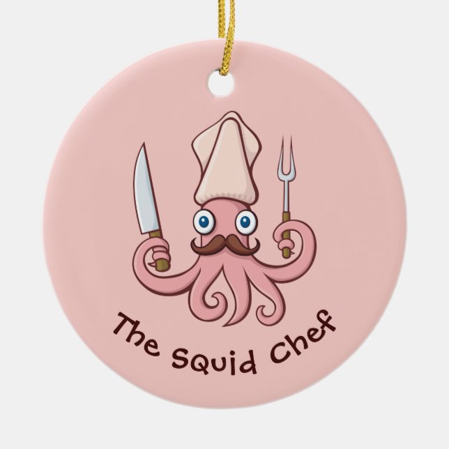 Squid Chef Cartoon Ceramic Ornament (Front)