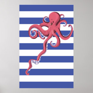 Squid diving underwater featuring stripes. poster