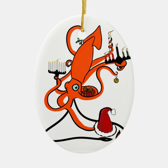 Squid Winter Holiday Ceramic Ornament (Front)